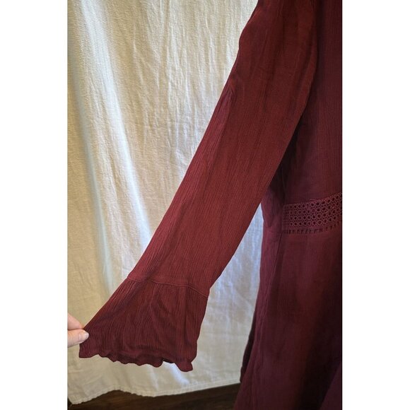 Women's Torrid Dress Chiffon Gauze Burgundy Wine Boho Crochet Size 2 Long Sleeve - Picture 10 of 13